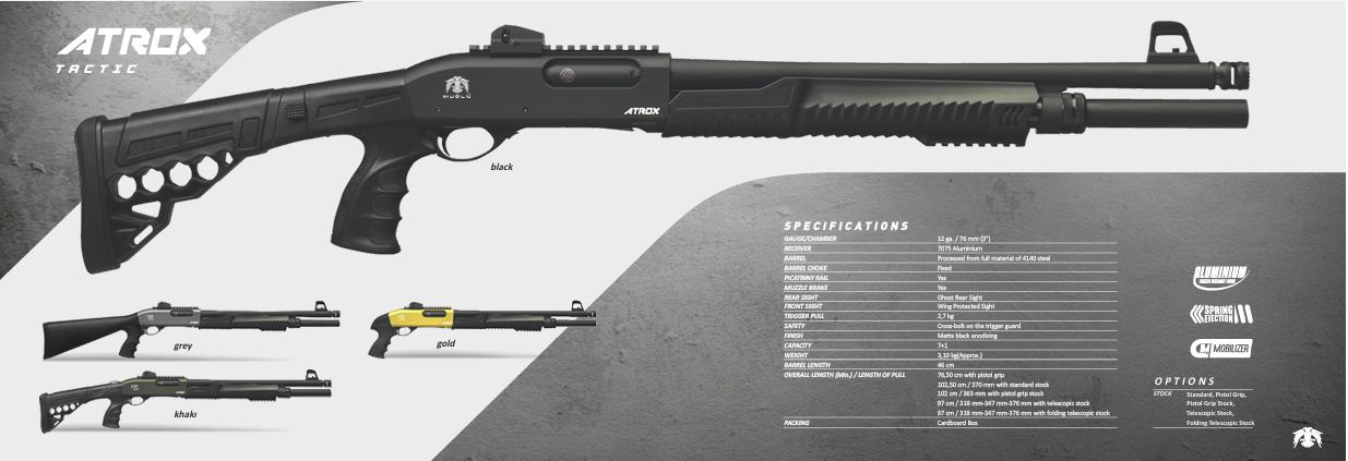 ESPINGARDA HUGLU ATROX TACTIC BLACK 12GA Oxidada 7+1 tiros - Cano 18,5”